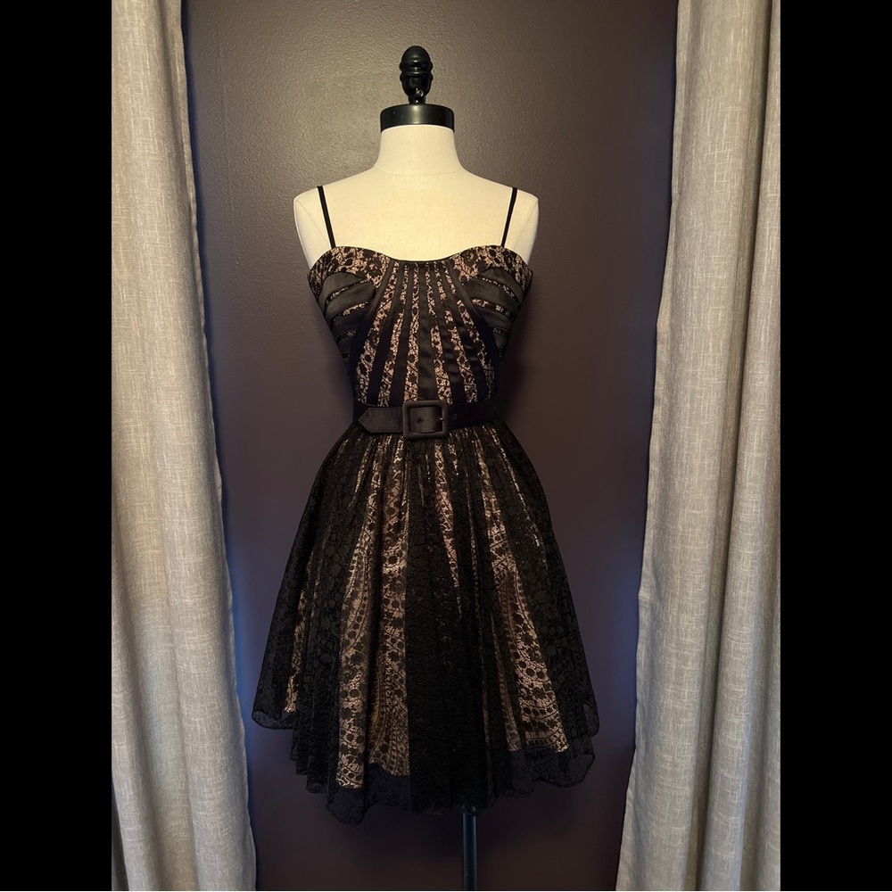 Aidan Mattox Gold Black Lace Overlay